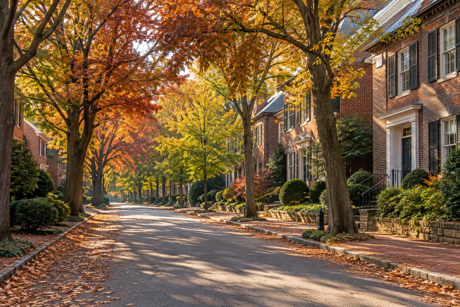 A quiet Maryland street of brick homes with mature trees, illustrative